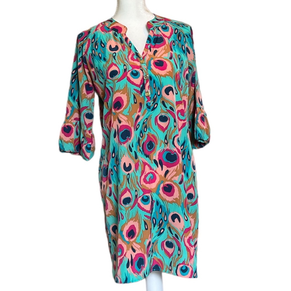 Tracy Negoshain teal green peacock pattern dress. EC Size medium